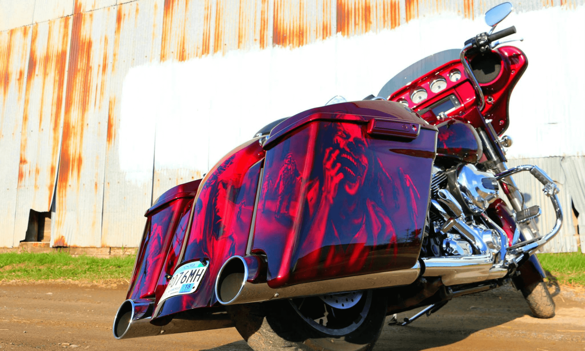 Custom paint job complete on Harley motorcycle.